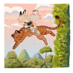  1girl animal animal_ears arrow_(projectile) artist_name blonde_hair boots border clouds coat day dekopoko foliage from_side full_body giant_snake gloves jumping long_hair open_mouth original outdoors oversized_animal pantyhose patchwork_clothes pink_sky rabbit rabbit_ears rabbit_tail riding riding_animal riding_tiger skirt sky snake solo tail tiger tree white_border 