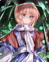  1girl absurdres blonde_hair blush brown_shirt closed_mouth commentary eyes_visible_through_hair green_eyes hair_between_eyes highres long_sleeves looking_at_viewer medium_hair mizuhashi_parsee sash scarf shirt signature solo top-exerou touhou waist_sash white_sash white_scarf 