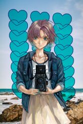  1girl absurdres ahoge asakura_toru blue_eyes blue_hair blue_jacket blue_nails blue_sky camera closed_mouth colored_tips commentary_request cowboy_shot day denim denim_jacket expressionless floating_hair heart heart_background highres holding holding_camera horizon idolmaster idolmaster_shiny_colors jacket looking_at_viewer multicolored_hair ocean open_clothes open_jacket outdoors photo_background purple_hair shirt shore short_hair skirt sky sleeves_rolled_up solo straight-on three-quarter_sleeves twin-lens_reflex_camera white_shirt white_skirt yamaichi_(yama3ichi4) 