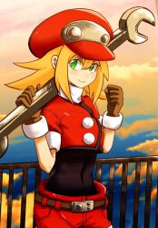  1girl batchgooya black_bodysuit blonde_hair bodysuit brown_gloves clenched_hand closed_mouth clouds cloudy_sky commentary_request gloves green_eyes hair_between_eyes hat holding holding_wrench looking_at_viewer medium_hair mega_man_(series) mega_man_legends_(series) oversized_object red_hat red_shorts roll_caskett_(mega_man) short_sleeves shorts sky smile solo wrench 