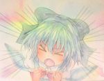  &gt;_&lt; 1girl acrylic_paint_(medium) blue_hair bow cirno closed_eyes emphasis_lines graphite_(medium) hair_bow ice ice_wings short_hair shouting solo touhou traditional_media watercolor_(medium) wings yuyu_(00365676) 