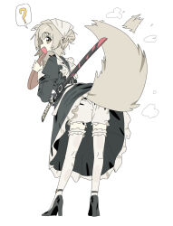  1girl ? absurdres afterimage animal_ears astrae_oratio black_dress black_shoes bloomers commentary_request dress fang frilled_dress frilled_thigh_strap frills from_behind full_body grey_hair high_heels highres holding holding_tray katana leaning_forward long_sleeves looking_at_viewer looking_back maid mangpum_(taro109210) open_mouth sakuba_yuki scabbard sheath sheathed shoes short_hair simple_background smile solo spoken_question_mark standing sword tail tail_wagging thigh_strap tray turning_head weapon white_background white_bloomers yellow_eyes 