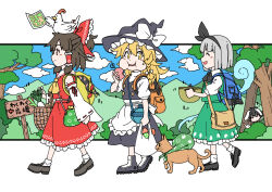 4girls animal animal_ears animal_on_head apron ascot backpack bag basket bird bird_on_head black_hair black_skirt black_vest blonde_hair blue_sky boots bow braid brown_hair bush carrot cat chicken closed_eyes clouds commentary_request detached_sleeves eating food forest frills fruit full_body ghost green_skirt green_vest grey_hair groceries grocery_bag hair_bow hair_tubes hakurei_reimu hat hitodama holding holding_bag holding_basket holding_food inaba_tewi inuno_rakugaki kirisame_marisa konpaku_youmu konpaku_youmu_(ghost) long_hair looking_at_another multiple_girls nature on_head open_mouth outdoors rabbit_ears red_bow red_eyes red_skirt shirt shoes shopping_bag short_hair single_braid skirt sky smile socks spring_onion touhou tree vegetable vest waist_apron walking white_bow white_shirt witch_hat yellow_ascot yellow_eyes 