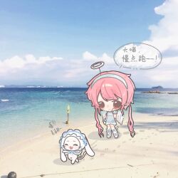  1girl ^_^ angel angel_wings animal animal_costume animal_ear_hood animal_ears beach blue_bow blue_bowtie blue_dress blue_flower blue_hairband blue_ribbon blue_shoes blue_sky bow bowtie brown_eyes cat chibi chinese_commentary chinese_text cloak closed_eyes closed_mouth clothed_animal clouds commentary_request day dress fake_halo fake_wings floppy_ears flower footprints frilled_dress frilled_hairband frilled_wrist_cuffs frills gilded_dreamsong_(infinity_nikki) hairband halo hand_on_own_cheek hand_on_own_face happy hood hood_up hooded_cloak infinity_nikki leg_ribbon lolita_hairband long_hair looking_at_animal lop_rabbit_ears low_twintails momo_(fluffy)_(infinity_nikki) momo_(nikki) nikki_(nikki) nikki_(series) ocean official_alternate_color official_alternate_costume open_mouth outdoors paw_print photo_background pink_hair rabbit_costume rabbit_ears ribbon road_sign rock running shadow shoes shore short_dress sign sky smile speech_bubble tareme translation_request twintails very_long_hair whiskers white_cat white_cloak white_halo white_wings white_wrist_cuffs wings wrist_cuffs x_navel yidali_mian_xia_guo_zhong 