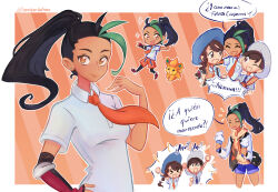  >:) 1boy 2girls alternate_costume antenna_hair artist_name black_hair blue_hat blue_shorts border braid brown_hair character_name commentary constarlations dark-skinned_female dark_skin diagonal-striped_background english_commentary florian_(pokemon) food freckles green_hair hair_pulled_back hat highres hood hoodie ice_cream jacket juliana_(pokemon) letterman_jacket multicolored_hair multiple_girls naranja_academy_school_uniform necktie nemona_(pokemon) notice_lines orange_background orange_eyes orange_hoodie orange_necktie orange_shorts pantyhose pawmi pokemon pokemon_(creature) pokemon_scarlet_and_violet school_uniform shirt shorts spanish_text sparkle speech_bubble striped_background translated twitter_username two-tone_hair uva_academy_school_uniform v-shaped_eyebrows white_border white_hat white_shirt 