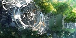  clockwork commentary_request day gears highres light_rays no_humans original outdoors palm_leaf rust scenery sunbeam sunlight waisshu_(sougyokyuu) 