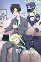  1boy 2girls :d absurdres anger_vein armband black_hair black_hat black_jacket black_necktie black_skirt blue_archive blue_archive_the_animation blue_armband blush brown_eyes buttons character_print clenched_hands closed_eyes closed_mouth collared_shirt commentary_request couch cup demon_girl demon_tail double-breasted drooling earrings fang feet_out_of_frame gloves green_hair green_halo grey_jacket grey_suit hair_spread_out halo hands_up hat highres hikari_(blue_archive) holding holding_cup id_card indoors jacket jewelry lap_pillow long_hair long_sleeves looking_at_another looking_down lying mouth_drool multiple_girls necktie notice_lines nozomi_(blue_archive) on_couch on_side open_mouth peaked_cap pleated_skirt pointy_ears sensei_(blue_archive) sensei_(blue_archive_the_animation) shirt short_hair siblings sidelocks sisters sitting skin_fang skirt sleeping smile spiky_hair suit suit_jacket sweatdrop tail thick_eyebrows twig_imokenpi twins twintails upper_body very_long_hair watermark white_gloves white_shirt yellow_eyes yuuka_(blue_archive) 