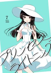  1girl 2020 absurdres ai_tanaka black_eyes black_hair blue_background closed_mouth commentary_request dress engawa_(osstbti) gloves hat highres hime_cut long_dress long_hair mahou_shoujo_ikusei_keikaku mahou_shoujo_ikusei_keikaku_black white_dress white_gloves 