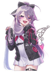  1girl :d black_bow black_cardigan bow cardigan commentary cropped_legs curry_bowl detached_wings double-parted_bangs english_commentary hair_between_eyes hair_bow hair_flaps hair_scarf hand_in_own_hair hands_in_own_hair high-waist_skirt highres holding_own_hair hololive hololive_english jewel_under_eye koseki_bijou koseki_bijou_(school_uniform) long_hair long_hair_between_eyes looking_at_viewer metal_wings miniskirt neckerchief o-ring o-ring_thigh_strap official_alternate_costume official_alternate_hairstyle open_mouth pleated_skirt ponytail purple_hair purple_neckerchief revision sailor_collar school_uniform serafuku shirt simple_background skirt smile solo thigh_strap very_long_hair violet_eyes virtual_youtuber white_background white_sailor_collar white_serafuku white_shirt white_skirt wings 