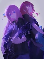  2girls black_shirt blue_eyes bocchi_the_rock! closed_mouth commentary cube_hair_ornament gotoh_hitori green_eyes guitar guitar_strap haigjd8hai hair_between_eyes hair_ornament highres instrument kita_ikuyo long_hair multiple_girls pink_hair playing_guitar playing_instrument red_hair shirt short_sleeves simple_background t-shirt untranslatable_commentary white_background 