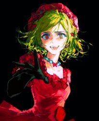  1girl beret black_background black_gloves blonde_hair bow crazy_smile dress elbow_gloves frilled_sleeves frills gem gloves glowing hair_between_eyes hair_bow hair_ornament hat highres jewelry kkuang lambdadelta looking_at_viewer necklace offering_hand open_hand open_mouth outstretched_arm outstretched_hand pearl pearl_necklace pink_dress pink_hat puffy_short_sleeves puffy_sleeves pumpkin reaching reaching_towards_viewer red_bow red_eyes shadow short_hair short_sleeves smile solo spread_fingers umineko_no_naku_koro_ni upper_body 