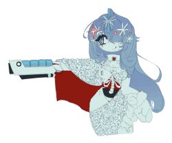 1girl android arm_cannon ascot blue_eyes blue_hair breasts brooch cape closed_mouth colored_skin dress eunoia_(frozen_soul) frozen_soul gem hair_ornament hair_over_one_eye hand_up jewelry long_hair red_gem roblox s3a1l simple_background smile snowflake_hair_ornament solo very_long_hair weapon white_ascot white_background white_cape white_dress white_skin