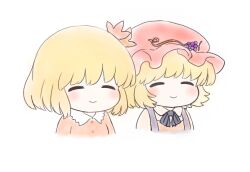  2girls ^_^ aki_minoriko aki_shizuha apron azuma_meri black_bow black_bowtie blonde_hair blush bow bowtie buttons closed_eyes closed_mouth collared_dress collared_shirt dress grape_hat_ornament hair_ornament hat hat_ornament leaf leaf_hair_ornament long_sleeves maple_leaf mob_cap multiple_girls orange_apron orange_dress red_hat shirt short_hair siblings simple_background sisters smile touhou upper_body white_background yellow_shirt 