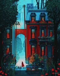  1girl animal aqua_flower arch arch_bridge bridge brown_hair building cat coat commentary complementary_colors dachshund dog door english_commentary flower from_side highres lamppost laura_el leash long_hair long_sleeves night original outdoors pet pet_walking power_lines rain red_coat red_flower reflection road scenery sidewalk signature skyline skyscraper solo stairs street tree utility_pole walking wide_shot window 