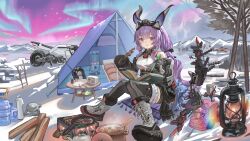  1girl absurdres animal_costume arknights arknights:_endfield aurora backpack bag bare_shoulders black_gloves black_horns black_sleeves black_thighhighs blush book boots bottle chen_qixing chewing chibi chinese_commentary closed_mouth commentary day detached_sleeves eating endfield_industries_logo endministrator_(arknights) female_endministrator_(arknights) food fork frilled_thighhighs frills full_body gloves grey_boots gugugaga_(meme) heater highres holding holding_food holding_pen horns knee_boots knees_together_feet_apart knife lace-up_boots lantern lens_flare long_hair long_sleeves looking_at_viewer meme motor_vehicle motorcycle open_book outdoors pen penguin_costume picnic pink_eyes plant plastic_bottle plate purple_hair shoe_soles sitting snow solo steam tent thigh-highs tree typhoeus_(arknights) typhon_(arknights) vegetable water_bottle 