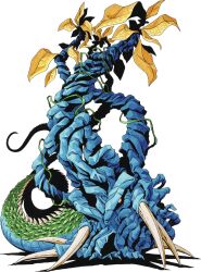  blue_skin colored_skin demon_(megami_tensei) dragon_tail glowing glowing_eye green_skin highres kazuma_kaneko leaf looking_at_viewer marker_(medium) no_humans official_art plant plant_monster red_eyes scales shin_megami_tensei shin_megami_tensei_ii signature simple_background spines tail third-party_source traditional_media transparent_background tree tusks very_long_tail vines yellow_leaf yggdrasil_(megami_tensei) 