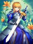  1girl ahoge armor blonde_hair dress excalibur fate/stay_night fate_(series) flat_gaze flower gauntlets glowing glowing_sword glowing_weapon green_eyes highres saber sanme solo weapon 