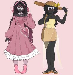  1girl black_skin brown_hat brown_skirt choker colored_skin commentary dress english_commentary frilled_dress frills full_body grace_(roblox) hairband hat heart-shaped_bag highres looking_at_viewer misskiffy multiple_views off-shoulder_dress off_shoulder pencil_skirt pink_background pink_choker pink_dress pink_hairband player_character_(roblox) roblox shirt simple_background skirt sun_hat yellow_shirt 