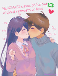  1boy 1girl alternate_costume antenna_hair bilingual_commentary black_hair blue_sweater blush brown_hair closed_eyes closed_mouth collared_shirt commentary dark-skinned_male dark_skin english_commentary english_text hand_on_another's_shoulder hero_(faraway)_(omori) hero_(omori) hetero highres kiss long_sleeves mari_(faraway)_(omori) mari_(omori) maromichan mixed-language_commentary omori pink_sweater shirt short_hair simple_background smile sweater turtleneck turtleneck_sweater white_background white_shirt 