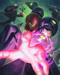  absurdres arm_cannon armor artist_name assault_visor aura blue_assault_visor blue_bodysuit bodysuit green_assault_visor highres kornart metroid metroid_ravenous mismatched_arms power_armor power_suit_(metroid) samus_aran signature twitter_username weapon 