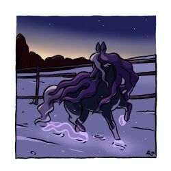  animal_focus border closed_eyes commentary english_commentary eyelashes fence footprints franxurio full_body highres horse night no_humans outdoors pokemon pokemon_(creature) pokemon_focus procreate_(medium) signature sky snow solo spectrier star_(sky) white_border 