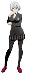  1girl absurdres black_bow black_bowtie black_jacket black_pantyhose black_skirt blazer bob_cut bow bowtie breasts buttons elbow_rest full_body gesugesu_ahoaho glasses grey_hair grey_shirt hand_on_own_elbow hand_up highres jacket large_breasts loafers long_sleeves looking_at_viewer medium_hair okitegami_kyouko okitegami_kyouko_no_bibouroku pantyhose pinky_out plaid_clothes plaid_skirt pleated_skirt pocket red_shoes ringed_eyes round_eyewear school_emblem semi-rimless_eyewear shirt shoes sidelocks simple_background skirt smile solo standing turtleneck under-rim_eyewear violet_eyes white_background 