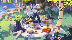  1boy 1girl absurdres apple baguette belt black_hair black_pants black_skirt blue_bow blue_eyes blue_flower blue_hair blue_shirt blue_shoes book bottle bouquet bow bowl box bracelet bread burger bush cake can canned_food clarence_clayden closed_eyes closed_mouth collared_shirt commission contrast_collar cornflower creature crown_hair_ornament curtained_hair dappled_sunlight day doughnut dragon dragon_hair_ornament dress_shirt finger_to_mouth flower food fruit full_body glass_bowl glasses grass hair_bow hair_ornament hand_on_own_knee high_ponytail highres index_finger_raised jewelry knee_up lap_pillow long_hair looking_at_viewer lou_xiaotiao lovebrush_chronicles lying medium_skirt mihuashi_commission mole mole_under_eye oc_x_canon on_blanket on_side open_book original outdoors pansy pants parted_bangs parted_lips picnic picnic_basket picnic_blanket pillow pink_flower plate pleated_skirt ponytail print_shirt purple_flower river riverbank rock sandwich semi-rimless_eyewear shirt shirt_tucked_in shoes short_hair short_sleeves shushing sitting skirt sleeping small_dragon smile sneakers sunlight tree under-rim_eyewear untucked_shirt watch watch white_belt white_shirt white_shoes 