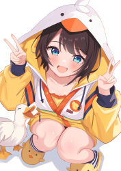  1girl :d absurdres animal_hood animal_slippers bird black_hair black_socks blue_eyes breasts camisole collarbone commentary double_v drawstring duck duck_hood duck_slippers from_above full_body hands_up highres hololive hood hood_up hooded_jacket jacket knees_together_feet_apart legs_folded looking_at_viewer loungewear multicolored_jacket official_alternate_costume official_alternate_hairstyle oozora_subaru oozora_subaru_(loungewear) open_mouth orange_camisole pon47606461 shiny_skin shirt short_hair simple_background slippers smile socks solo squatting striped_clothes striped_socks two-tone_socks v virtual_youtuber white_jacket white_shirt white_socks yellow_jacket yellow_shirt zipper zipper_pull_tab 