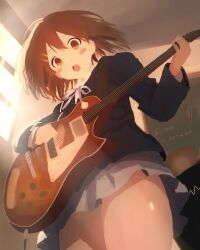  1girl :o blush brown_eyes brown_hair chalkboard commentary electric_guitar guitar guitar_strap haigjd8hai hair_between_eyes hair_ornament hairclip highres hirasawa_yui instrument k-on! missing_legwear neck_ribbon open_mouth parallel_hairclips playing_guitar playing_instrument purple_ribbon ribbon sakuragaoka_high_school_uniform school_uniform short_hair skirt solo untranslatable_commentary 