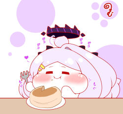  :t afterimage ahoge ahoge_wag blue_archive blush closed_eyes closed_mouth eating expressive_hair facing_viewer food food_on_face fork grey_hair hair_ornament hairclip halo heart highres hina_(blue_archive) holding holding_fork horns kurukurumagical long_hair parted_bangs plate puffy_cheeks single_hair_intake solo very_long_hair white_background 
