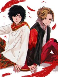  2boys animification ankh_(ooo) back-to-back black_eyes black_hair brown_hair closed_mouth commentary feathers fingernails fur_trim highres hino_eiji jacket kamen_rider kamen_rider_ooo_(series) knee_up long_sleeves male_focus multiple_boys open_clothes open_jacket pants red_pants shirt short_hair simple_background sitting uechi_0312 untranslatable_commentary white_background white_shirt 