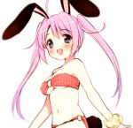  1girl :d ahoge animal_ears bandeau bangs bikini blue_eyes blurry blush breasts bunny_tail bust cleavage fang gradient_hair long_hair looking_at_viewer mound_of_venus multicolored_hair navel o-ring_bikini o-ring_bottom o-ring_top open_mouth original parted_bangs pink_hair plaid plaid_bikini rabbit_ears red_bikini rough side simple_background smile solo swimsuit tail twintails underboob usashiro_mani white_background wristband 