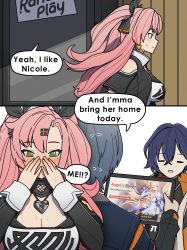 1boy belle_(zenless_zone_zero) dorahdew long_hair multiple_girls nicole_demara short_hair wise_(zenless_zone_zero) zenless_zone_zero