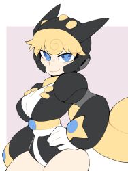  1girl alternate_color android armor belt black_armor black_horns black_leotard black_suit blonde_hair blue_eyes blue_gem bodysuit breasts buttons commentary curvy drill_hair dynamic_pose flat_color from_side gem gloves hair_between_eyes half-closed_eyes hand_on_own_hip helmet highres horns humanoid_robot jewelry large_breasts leotard light_blush long_eyelashes long_hair looking_at_viewer marino_(mega_man) mecha_musume medium_breasts mega_man_(series) mega_man_x:_command_mission mega_man_x_(series) mega_man_x_dive naughty_face pale_skin pikaeevee13 ponytail pov robot robot_ears robot_girl seductive_smile shirt short_hair simple_background smile smirk solo spiky_hair spiral_hair suit thick_thighs thighs very_long_hair white_gloves white_leotard white_shirt wide_hips yellow_belt 