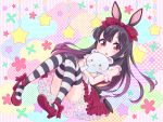  1girl :3 animal_ears ankle_ribbon armband bangs blush check_(check_book) checkered clouds dress droplet floral_print frilled_dress frilled_sleeves frills hair_ribbon high_heels horizontal_stripes hug knees_together_feet_apart leaning_back long_hair original polka_dot rabbit_ears ribbon sitting solo star stitches striped striped_background striped_legwear stuffed_animal stuffed_toy teddy_bear thigh-highs vertical_stripes 