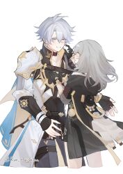  1boy 1girl absurdres antenna_hair armor black_choker black_gloves black_jacket black_shirt blue_cape blue_eyes cape choker commentary_request cropped_legs fingerless_gloves gloves grey_hair grey_pants hair_between_eyes hand_on_another's_chest hands_up highres honkai:_star_rail honkai_(series) hood hood_down hooded_jacket imminent_hug jacket long_hair looking_at_another pants pauldrons phainon_(honkai:_star_rail) ryn_torishiba shirt short_hair shoulder_armor simple_background single_pauldron smile stelle_(honkai:_star_rail) trailblazer_(honkai:_star_rail) twitter_username white_background white_hair yellow_eyes yellow_pupils 