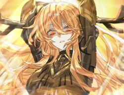  1girl antlers arm_behind_head armor arms_up black_armor black_necktie black_shirt blonde_hair breastplate breasts collared_shirt commentary_request couter don_quixote_(project_moon) floating_hair gold_trim hair_between_eyes hands_up haute_couture::le_noir_brand_manager_(identity)_(project_moon) highres holding holding_weapon horns koqn4quz2a83548 korean_commentary limbus_company long_hair looking_at_viewer looking_down necktie parted_lips pauldrons project_moon rerebrace shirt shoulder_armor sidelocks simple_background solo upper_body vambraces very_long_hair weapon yellow_background yellow_eyes 
