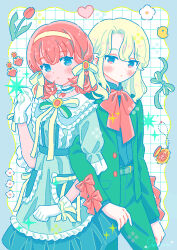  2girls absurdres baby_animal bird blonde_hair blue_border blue_choker blue_eyes blush border bow bowtie chick choker closed_mouth commentary cowboy_shot double-parted_bangs dress flower frilled_choker frilled_sleeves frills gloves green_dress green_jacket green_shirt grid_background hair_bow hairband hand_up heart highres hiro046k jacket long_sleeves looking_at_viewer multiple_girls open_clothes open_jacket original outside_border red_bow red_bowtie red_eyes red_flower red_hair red_tulip shirt short_hair short_sleeves sleeve_bow tulip white_background white_gloves yellow_bow yellow_hairband 
