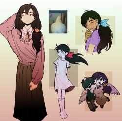  angel_wings black_hair bow brother_and_sister commentary dress green_bow highres laughing long_skirt mari_(faraway)_(omori) mari_(omori) mari_(spirit)_(omori) omori one_eye_closed ponytail reptacular siblings skirt smile socks sunny_(omori) white_dress white_socks wings 