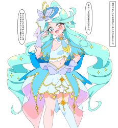  1girl :d aqua_hair blue_capelet blue_eyes blue_hat blue_necktie blue_overskirt blue_skirt blue_tube_top boater_hat bow bow_earrings bridal_gauntlets brooch butterfly_hat_ornament capelet commentary_request crop_top cure_eclair dangle_earrings earrings feet_out_of_frame frilled_skirt frilled_tube_top frills hair_rings hand_on_own_hip hat hat_ornament heart heart_brooch heart_in_eye heterochromia high_ponytail howa_kurea impossible_hair jewelry long_hair magical_girl meitantei_precure! midriff navel necktie ponytail precure purple_bridal_gauntlets red_eyes single_thighhigh skirt smile solo sparkle_earrings sparkle_hair_ornament sparkling_eyes strapless symbol_in_eye thigh-highs tube_top twinkle_time ukigori v very_long_hair white_background white_thighhighs 
