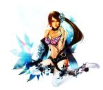  1girl alternate_costume bikini_top boots breasts brown_hair butterfly_print choker cigarette cleavage earrings flower hair_flower hair_ornament jewelry kula_clare long_hair namco red_eyes short_shorts shorts side_ponytail smoking solo tekken thigh_boots thighhighs zafina 
