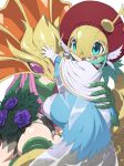  :d blue_eyes breasts ceresmon claws cleavage deep_skin digimon feathers flower gloves hat head_wings helmet kazkazkaz large_breasts long_hair monster_girl no_humans open_mouth pink_hair seirenmon size_difference smile sweatdrop talons violet_eyes 
