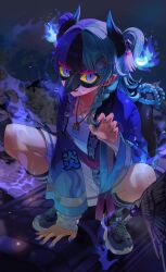  1girl 8_utauyo absurdres achichi_mela black_horns black_mask black_streaks blue_camisole blue_hair blue_happi braid camisole commentary_request dragon_horns eye_mask fire_hair_ornament gradient_horns hair_ornament hairclip happi highres hololive horns japanese_clothes long_hair mask multi-strapped_camisole multicolored_hair multicolored_horns neck_pouch pink_sash print_happi salamander_girl sash sidelocks single_hair_streak solo split-color_hair squatting streaked_hair tassel tassel_hair_ornament twin_braids two_side_up virtual_youtuber waist_sash 