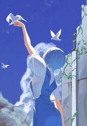  1girl absurdres ayanami_rei bird blue_hair blue_skirt blue_sky clouds commentary_request facing_ahead facing_away from_behind hanaet highres korean_commentary neon_genesis_evangelion outdoors overgrown reaching rebar ruins school_uniform shirt short_hair short_sleeves simple_bird skirt sky solo tokyo-3_middle_school_uniform white_shirt 