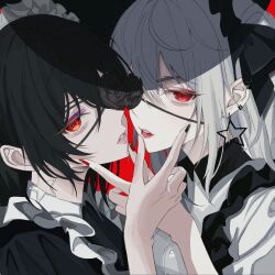  1boy 1girl androgynous apron black_flower black_hair black_nails black_ribbon black_rose black_shirt commentary contrast_collar earrings eyeliner finger_to_another's_mouth flower flower_eyepatch genderswap genderswap_(mtf) grey_hair hair_between_eyes hair_ribbon hand_on_another's_chin highres identity_(vocaloid) indie_virtual_youtuber jewelry kanaria_(vtuber) lips lipstick long_hair looking_at_viewer maid maid_headdress makeup medium_hair mole mole_under_eye nail_polish nijisanji one_eye_covered parted_lips purple_eyeliner red_background red_eyeliner red_eyes red_lips red_nails ribbon rose sanya_(nijisanji) shirt star_(symbol) star_earrings stud_earrings uirou_(uiro_u0714) virtual_youtuber white_apron white_shirt 