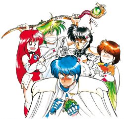 1990s_(style) 2girls 3boys ^_^ android armor bare_shoulders belt blue_eyes blue_gem blue_gloves boots brown_hair cape choker claw_(weapon) closed_eyes earrings english_commentary frown gem gloves green_hair grin halo holding holding_staff jewelry kein_(phantasy_star) knee_boots lena_(phantasy_star) leotard long_hair lyle_(phantasy_star) mieu_(phantasy_star) multiple_boys multiple_girls official_art ozaki_toyo pauldrons phantasy_star phantasy_star_iii ponytail red_boots red_hair red_leotard retro_artstyle searren_(phantasy_star) shoulder_armor simple_background smile snack snack_bag staff sweatdrop tassets wallet weapon white_armor white_background white_cape winged_halo 