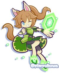  1boy androgynous animal_ears armor belt bike_shorts black_belt black_shorts blue_eyes breastplate brown_hair clenched_hand commentary_request digitigrade faulds full_body gem green_armor green_gem green_shirt green_skirt hooves horse_boy horse_ears horse_tail long_hair male_focus official_style one_eye_closed open_hand open_mouth outstretched_arm pauldrons perin_(puyopuyo) pimyuhuwa ponytail puyopuyo puyopuyo_quest shirt shorts shoulder_armor side_slit simple_background skirt smile solo tail twitter_username white_background wristband 
