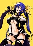 1girl bare_shoulders black_legwear blue_hair breasts cleavage detached_sleeves dizzy guilty_gear koko_shiguma long_hair midriff navel open_mouth red_eyes simple_background solo tail tail_ribbon thighhighs twintails underwear very_long_hair yellow_background