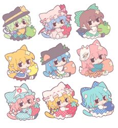  6+girls :< :3 absurdres animal_ears animal_hat apple apron arm_cannon arm_warmers ascot bat_wings bird_wings black_eyes black_hat black_skirt black_wings blonde_hair blue_bow blue_dress blue_eyes blue_hair blue_hat blue_kimono blue_shirt blue_skirt blueberry blush_stickers bow brown_hair brown_shirt cape cat_girl cat_tail chest_eye chibi chibi_only cirno closed_mouth collared_shirt commentary_request control_rod_(touhou) crystal crystal_wings detached_wings disembodied_linked_eye dress eyeball feathered_wings flandre_scarlet food fox_ears fox_girl fox_mask fox_tail frilled_shirt_collar frilled_sleeves frills fruit fruit_hat_ornament green_apple green_bow green_hair green_skirt hair_between_eyes hair_bow hat hat_bow hat_ornament hat_ribbon hata_no_kokoro heart heart_of_string highres hinanawi_tenshi ice ice_wings japanese_clothes kemonomimi_mode kimono komeiji_koishi leaf_hat_ornament lemon long_hair long_sleeves looking_at_viewer mask mask_on_head mizuhashi_parsee mob_cap multicolored_wings multiple_girls one_side_up orange_skirt peach peach_hat_ornament pinafore_dress pink_hair pink_hat pink_shirt pink_skirt plaid_clothes plaid_shirt pointy_ears print_cape puffy_short_sleeves puffy_sleeves red_ascot red_skirt red_vest reiuji_utsuho remilia_scarlet ribbon saigyouji_yuyuko scarf shirt short_sleeves silverrain simple_background skirt skirt_cutout skirt_set sleeve_garter sleeveless sleeveless_dress strawberry tail third_eye touhou triangular_headpiece two-sided_cape two-sided_fabric very_long_hair vest waist_apron weapon white_apron white_background white_cape white_hat white_scarf white_shirt wide_sleeves wings yellow_ascot yellow_bow yellow_shirt 