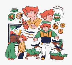  1boy 6+others absurdres biscuit_(bread) blue_pants closed_eyes closed_mouth commentary cup eldegoss flying_sweatdrops freckles front_hook heart highres hood hood_down hoodie milo_(pokemon) multicolored_hoodie multiple_others multiple_views notice_lines open_mouth pants pokemon pokemon_(creature) pokemon_sword_and_shield rotom rotom_phone shirt skiddo smile teacup tsareena untranslatable_commentary upper_body yellow_shirt 